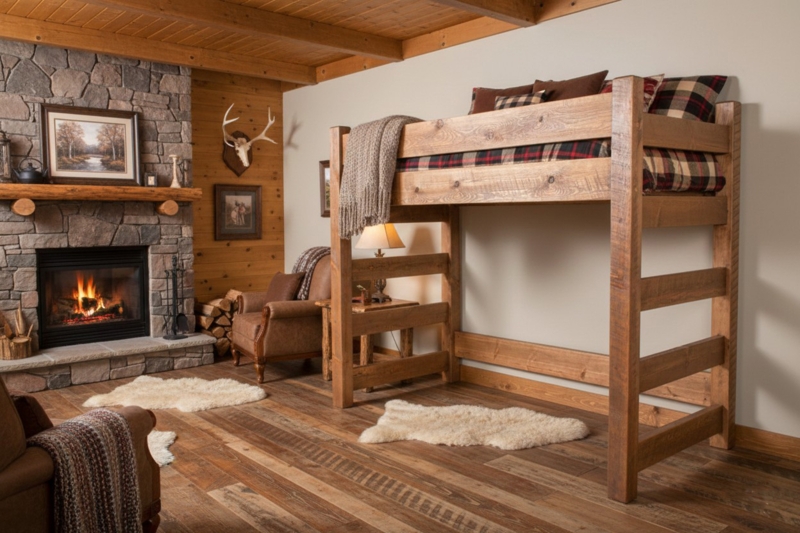 Rustic Queen Loft Bed, Reclaimed Wood Look, Distressed Finish for Small Spaces.