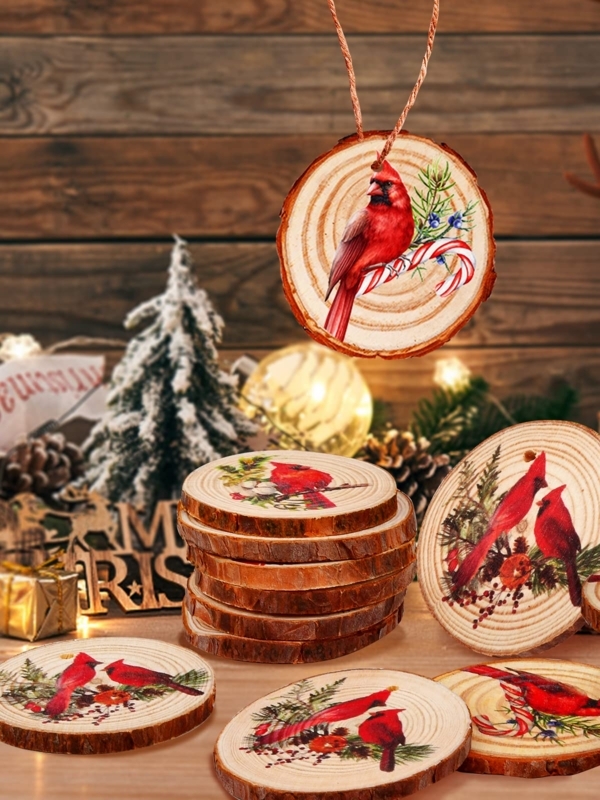 Rustic Wood Slice Christmas Ornaments with Raw Bark Edge, Cardinal Bird