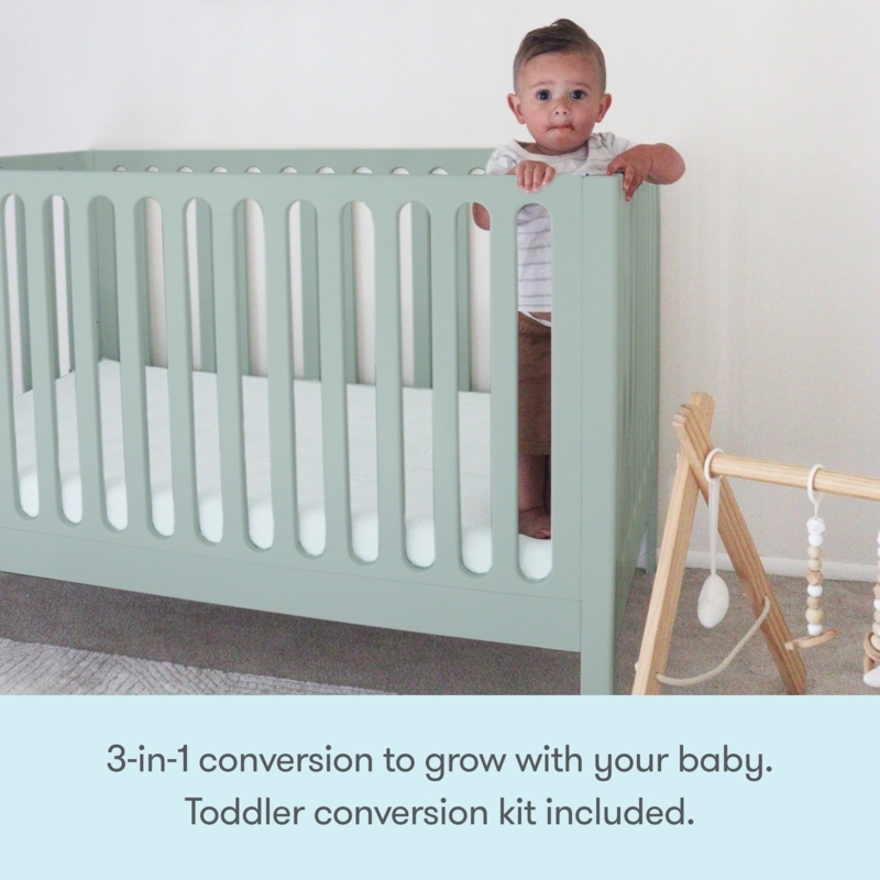 Sage Green Convertible Crib, Slatted Sides, Scandi Nursery Decor