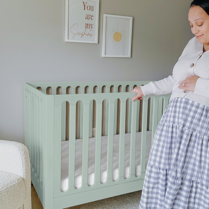 Sage Green Crib, Two-Tone Wood Spindles, Tapered Legs