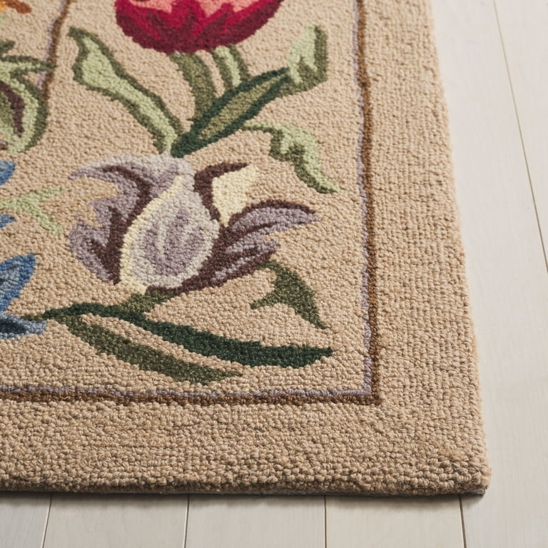 Sage Green Round Wool Area Rug, Traditional Floral