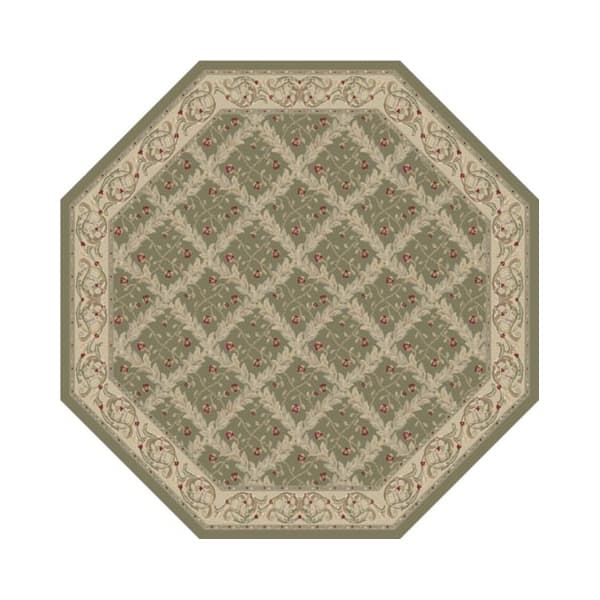 Sage Green Vine Motif Rug with Traditional Octagonal Border