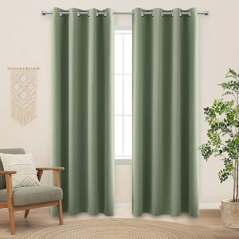 Sage Green Window Curtains, Metal Grommet Top, Cottagecore Style