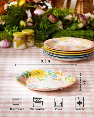 Salad Plates Set of 4 Ceramic Scalloped Edge Bunny Illustration