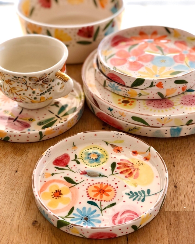 Scalloped Edge Ceramic Dessert Plate with Hand Painted Floral Design.