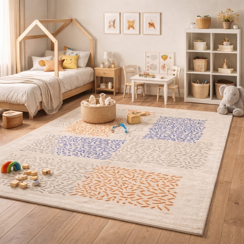 Scandinavian Area Rug, Earthy Geometric Accents, Cream and Rust Tufted