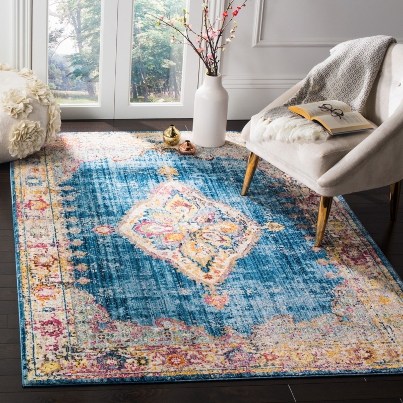 Scandinavian Area Rug Faded Medallion Pattern Distressed Cream Beige