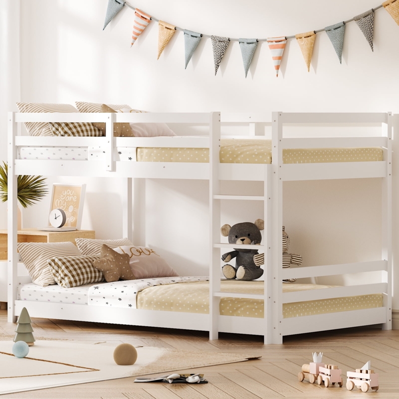 Scandinavian Bunk Bed White Low Floor Slatted Rails