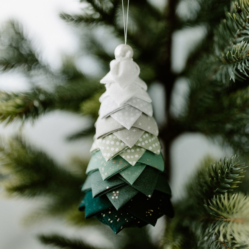 Scandinavian Folded Fabric Tree Ornaments with Wooden Beads