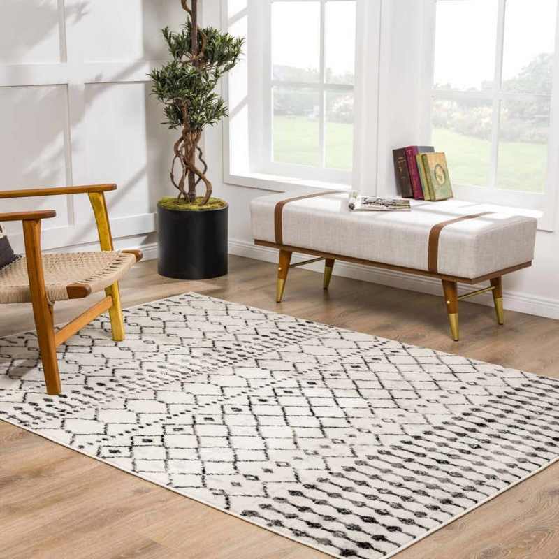 Scandinavian Living Room Area Rug Trellis Pattern Low Pile Cream