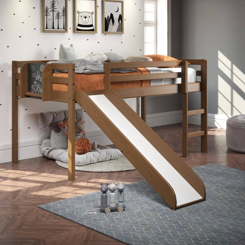Scandinavian Loft Bed with Chalkboard Panel, Built-in Slide, Natural Wood