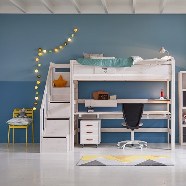 Scandinavian Loft Bed with Storage Stairs, White & Light Wood