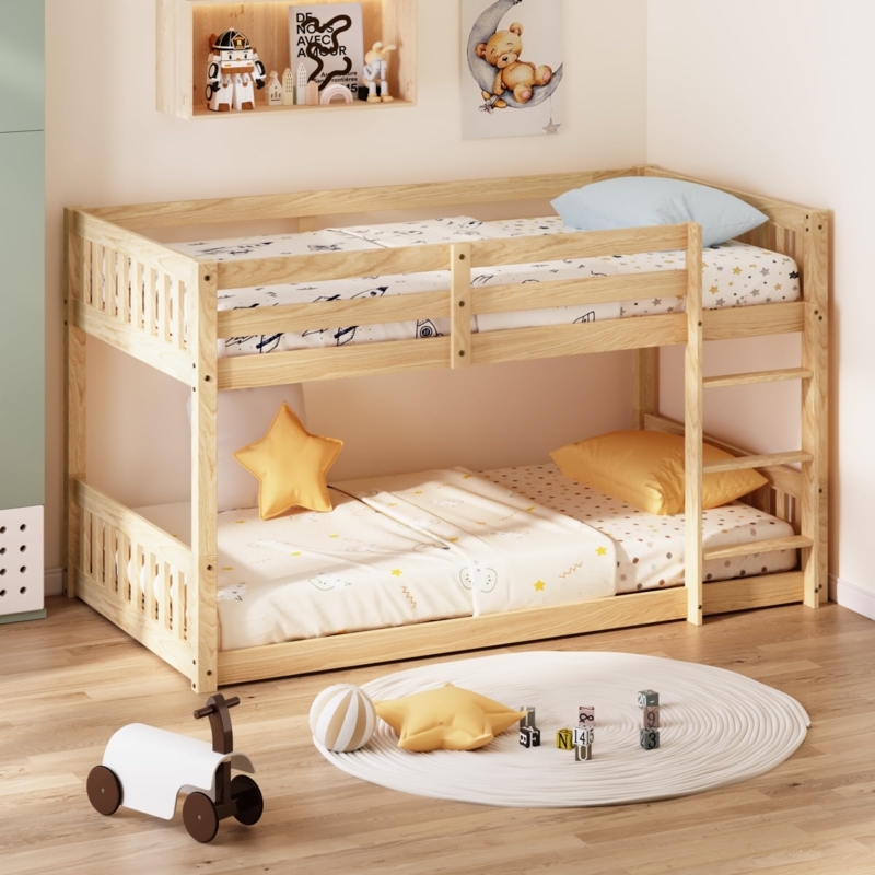 Scandinavian Low Bunk Bed with Natural Wood Grain Finish