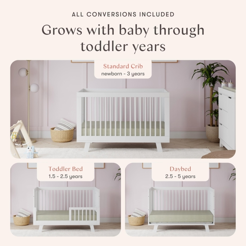 Scandinavian Spindle Crib, Angled Tapered Legs, White & Wood