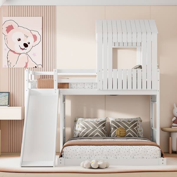 Scandinavian Style Grey Playhouse Bunk Bed with Gabled Roof Design