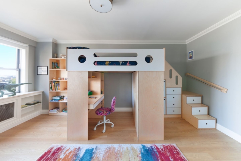 Scandinavian Style Loft Bed with Birch Accents and Stairs