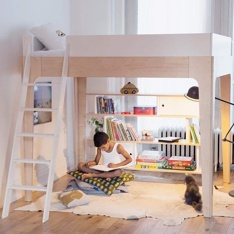 Scandinavian Twin Loft Bed with Slanted Ladder, Birch and White