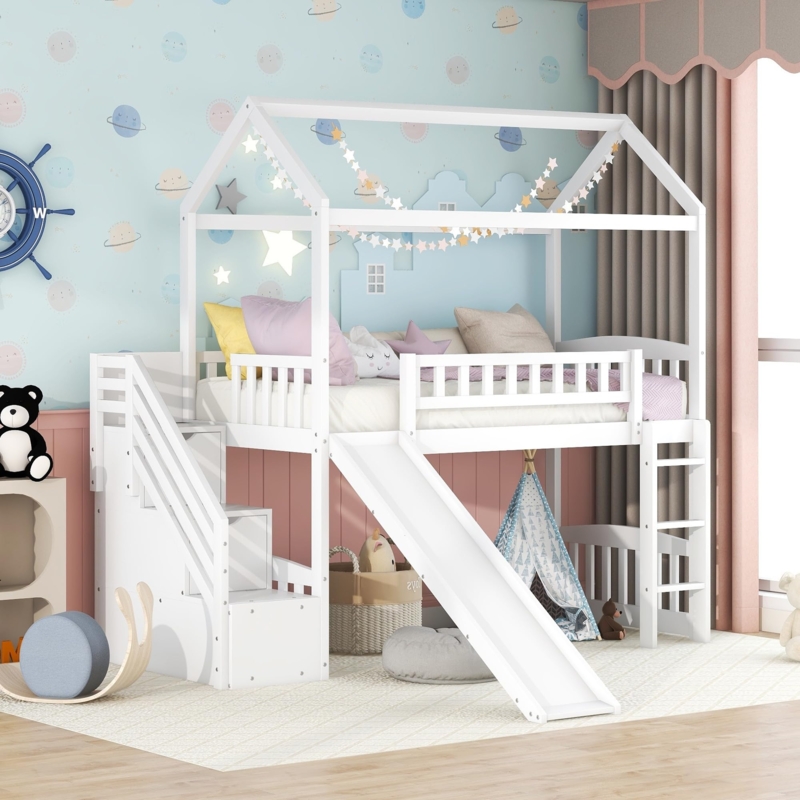 Scandinavian White Loft Bed House Frame Stairway Drawers Slide