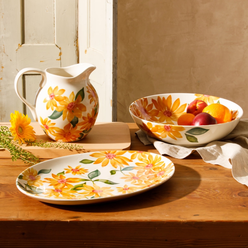 Serveware Set with Hand-Painted Sunflowers and Scalloped Rim