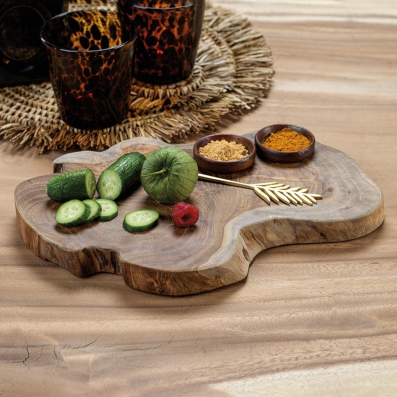 Serving Board Natural Teak Live Edge Silhouette Integrated Bowls