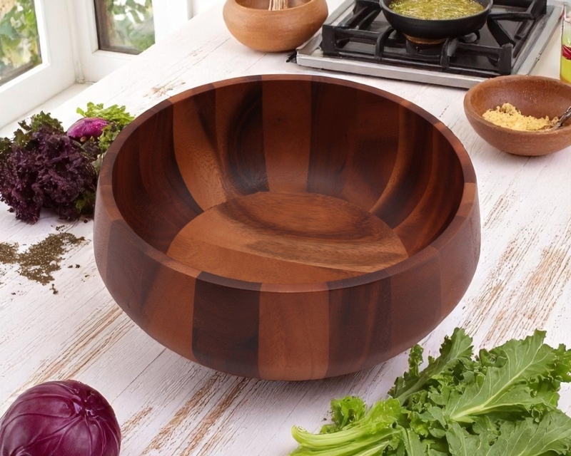 Serving Bowl Acacia Wood Natural Grain Round Modern Organic Centerpiece