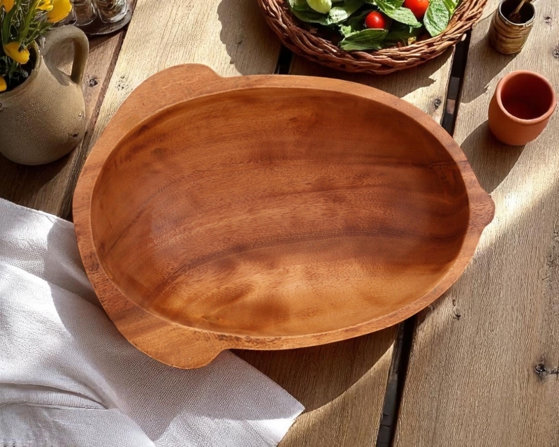 Serving Bowl Acorn Silhouette Mixed Material Wood Toned Metal