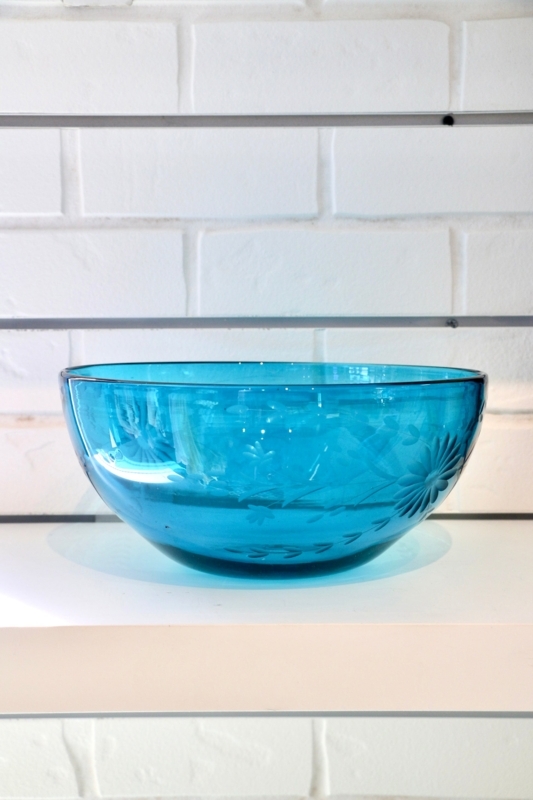 Serving Bowl Aqua Seeded Glass Organic Silhouette