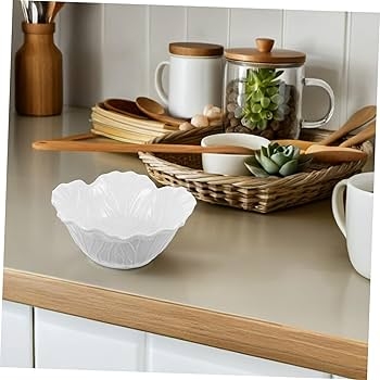 Serving Bowl Cabbage Leaf Design Glossy White Ceramic Organic Dish