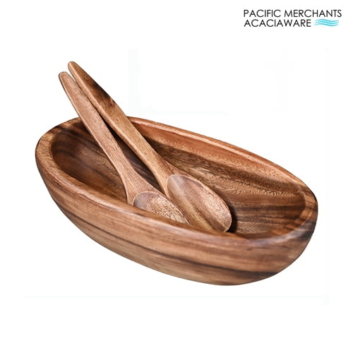 Serving Bowl, Carved Oval Acacia Wood with Variegated Grain, Satin