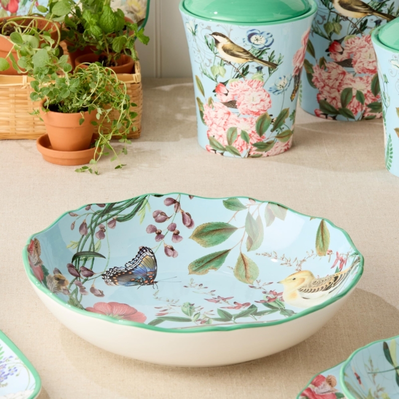 Serving Bowl Ceramic Embossed Teal Exterior Bird Floral Interior Cottage