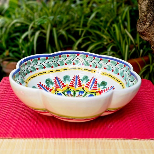 Serving Bowl Ceramic Flower Shape Majolica Glaze Mexican Pottery Cobalt