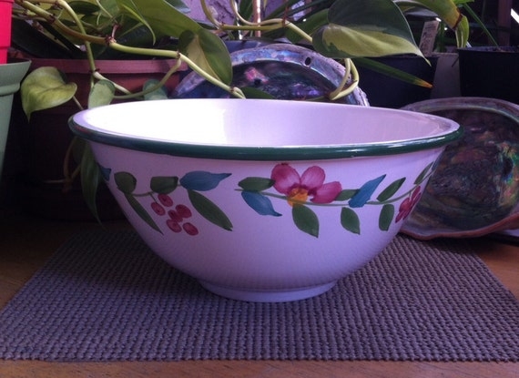 Serving Bowl Ceramic Hand Painted Florals Portuguese Style Glossy Vibrant