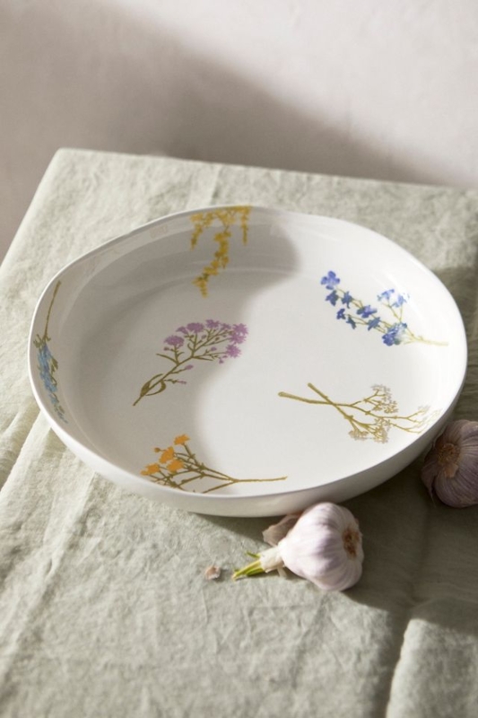 Serving Bowl Ceramic Organic Rim Botanical Bunches Rustic Garden Style