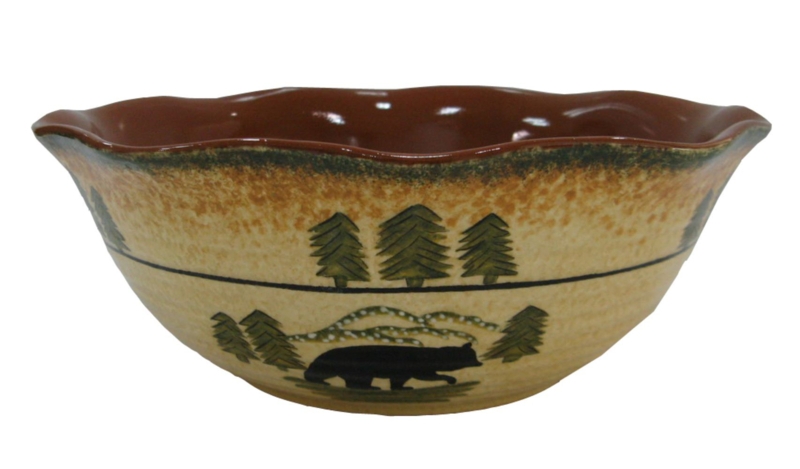 Serving Bowl Ceramic Red Plaid Rim Bear Silhouette Woodland Theme