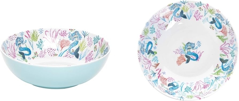 Serving Bowl Ceramic Sculpted Mermaid Figurines White Teal