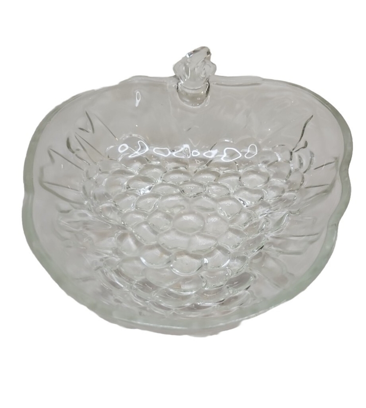 Serving Bowl Clear Heavy Glass with Embossed Grape and Leaf Motif