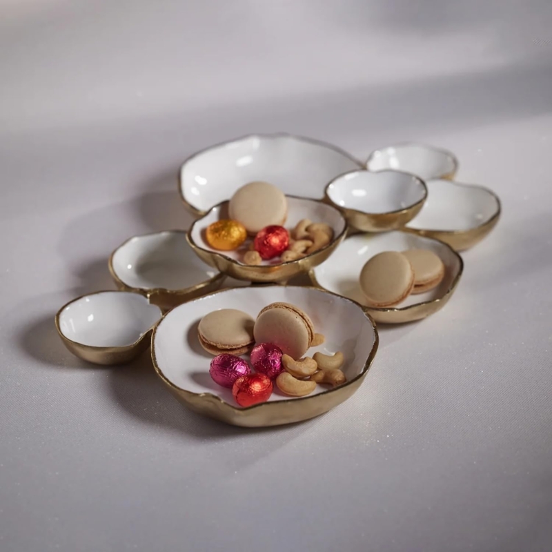 Serving Bowl Cluster Gold and White Enamel Modern Glam Centerpiece
