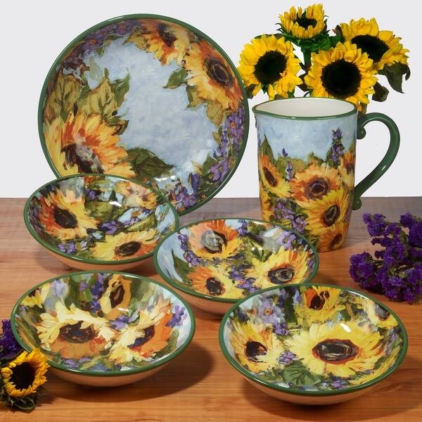 Serving Bowl Deep Profile Sunflower Motif Rustic Farmhouse Glossy