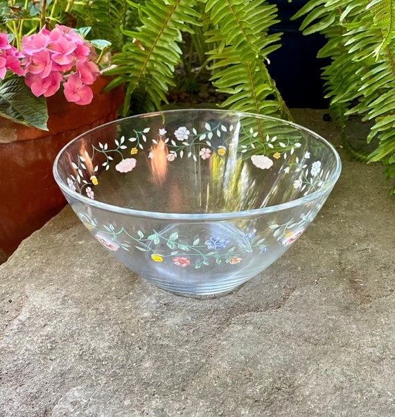 Serving Bowl Embossed Floral Pattern Clear Glass Large