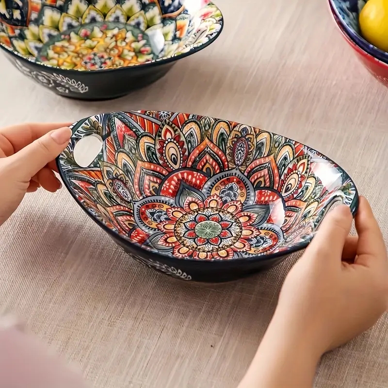 Serving Bowl Folk Pattern Glossy Ceramic Oval Bohemian Style Set