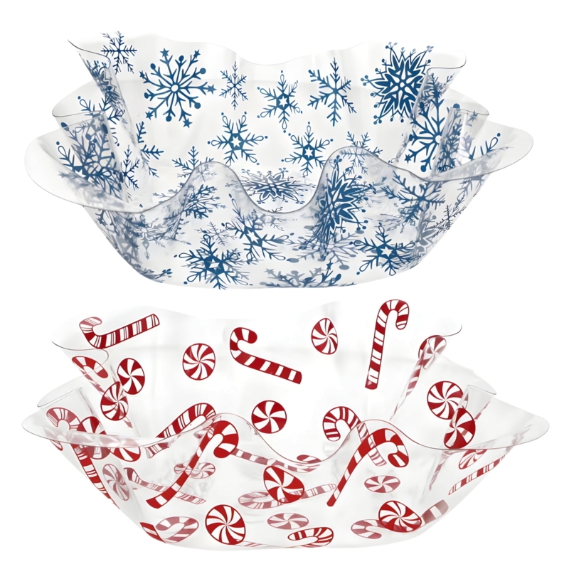 Serving Bowl Footed Base Ruffled Rim Red Blue Plastic Holiday Set