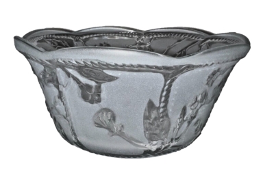 Serving Bowl Frosted Glass with Embossed Floral Pattern and Scalloped Rim