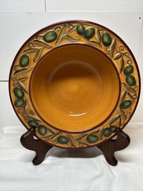 Serving Bowl Glossy Ceramic with Hand-Painted Vine Motif and Orange Rim