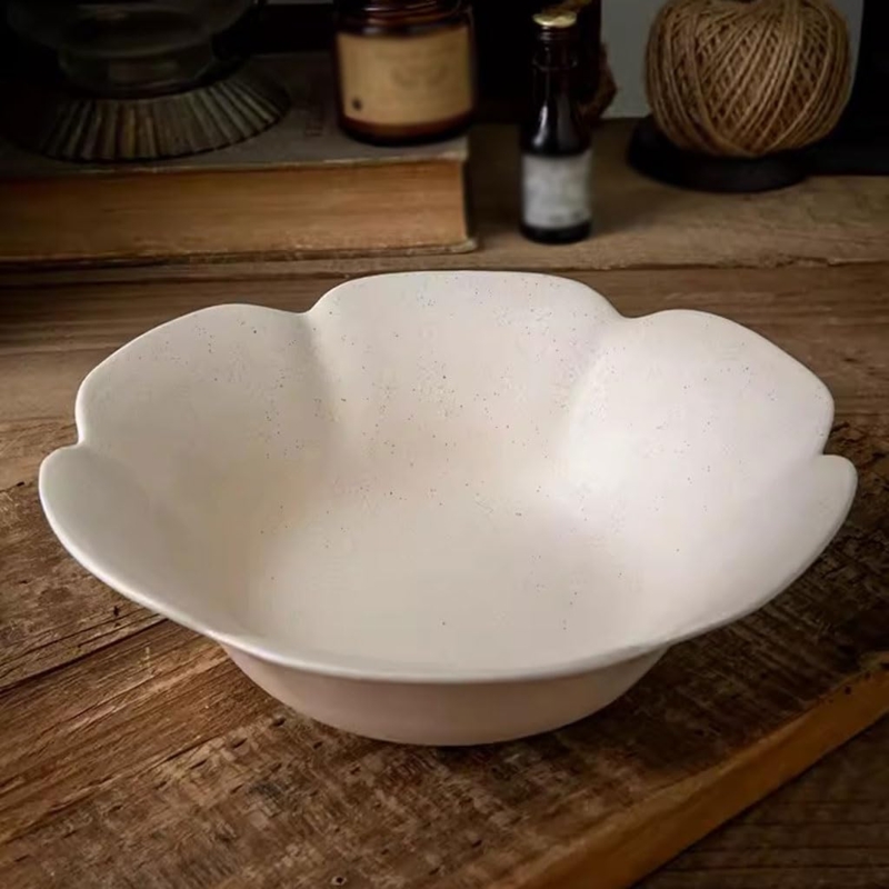 Serving Bowl Glossy White Ceramic Scalloped Petal Rim Farmhouse