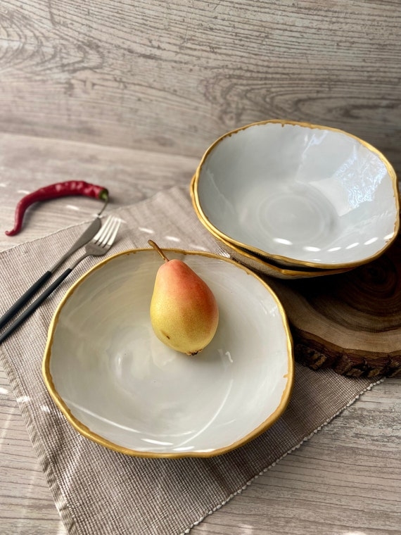 Serving Bowl Gold Rim Irregular Edge Cream Ceramic Glossy Organic Modern