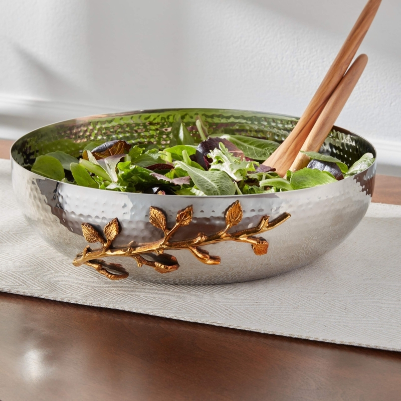 Serving Bowl Hammered Stainless Steel with Golden Vine Rim and Servers