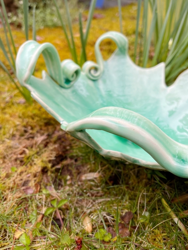 Serving Bowl Handmade Ceramic Scalloped Leaf Edge and Vine Embossing