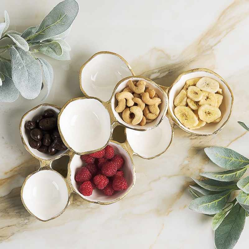 Serving Bowl, Interconnected, Ceramic-Like. Triple Compartment Serving Bowl.
