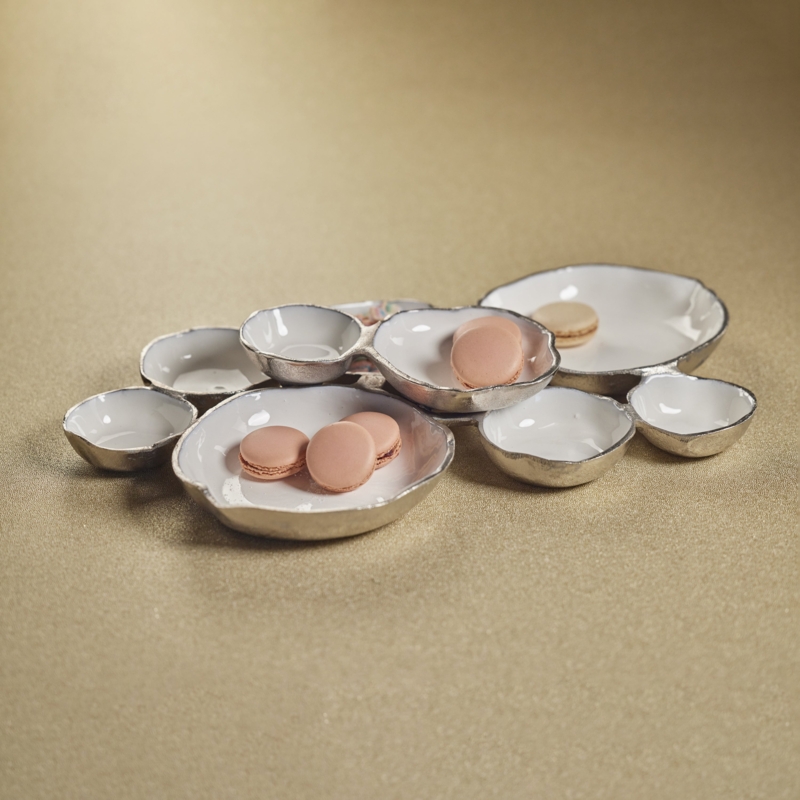 Serving Bowl Interconnected Silver Enamel Interior Sculptural Cluster