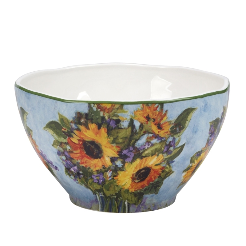 Serving Bowl Large Ceramic 82 oz Capacity Sunflower Pattern Deep Basin